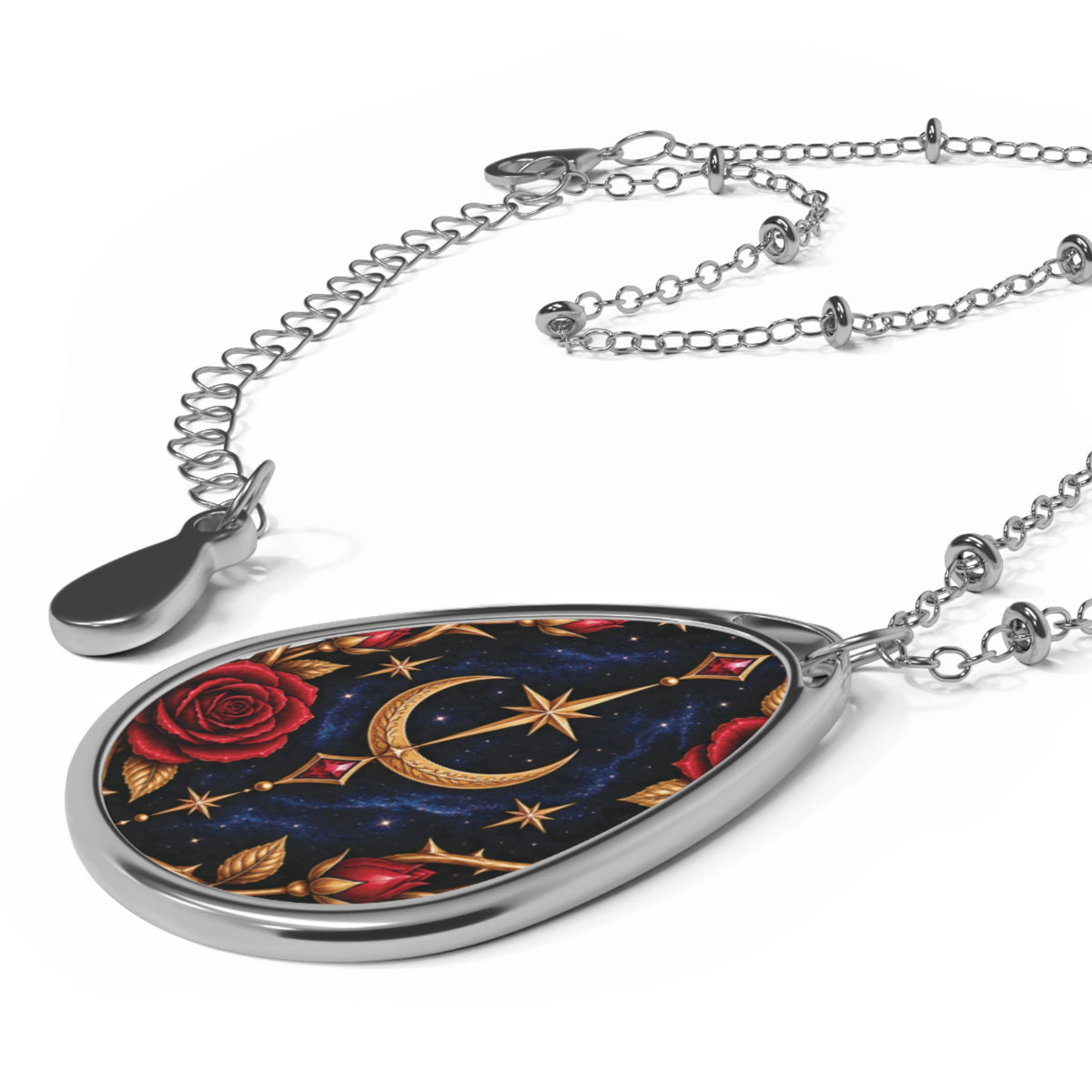 Moon & Rose Oval Necklace — Gothic Celestial Pendant