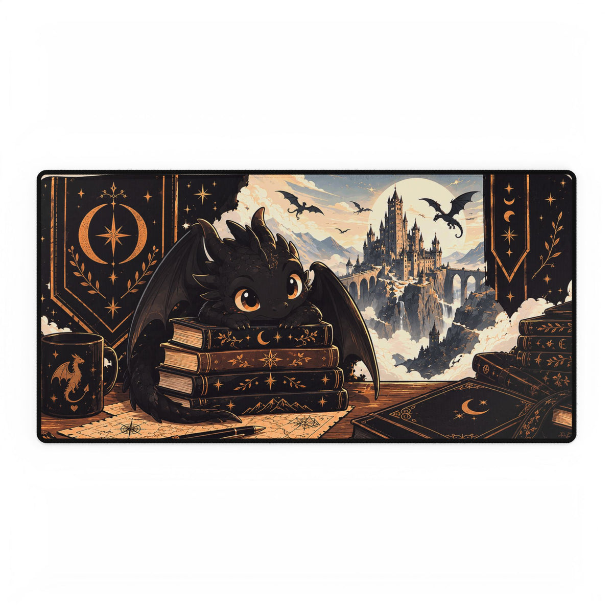 Magical Night Dragon Desk Mat — Cute Black Dragon with Spellbooks & Castle Desk Mat