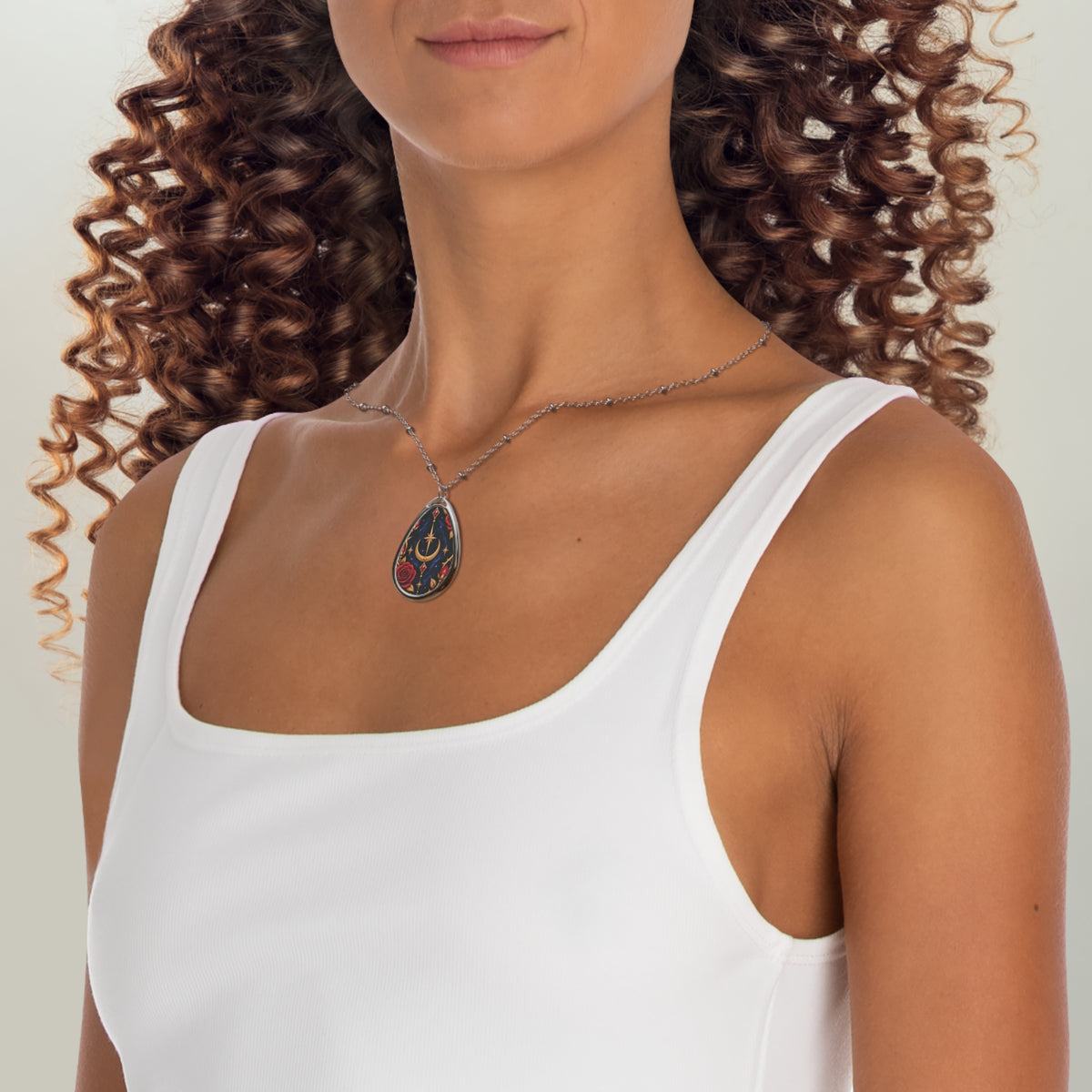 Moon & Rose Oval Necklace — Gothic Celestial Pendant