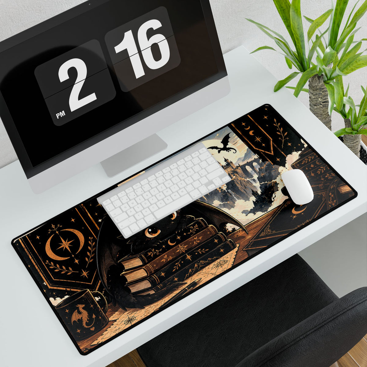 Magical Night Dragon Desk Mat — Cute Black Dragon with Spellbooks & Castle Desk Mat
