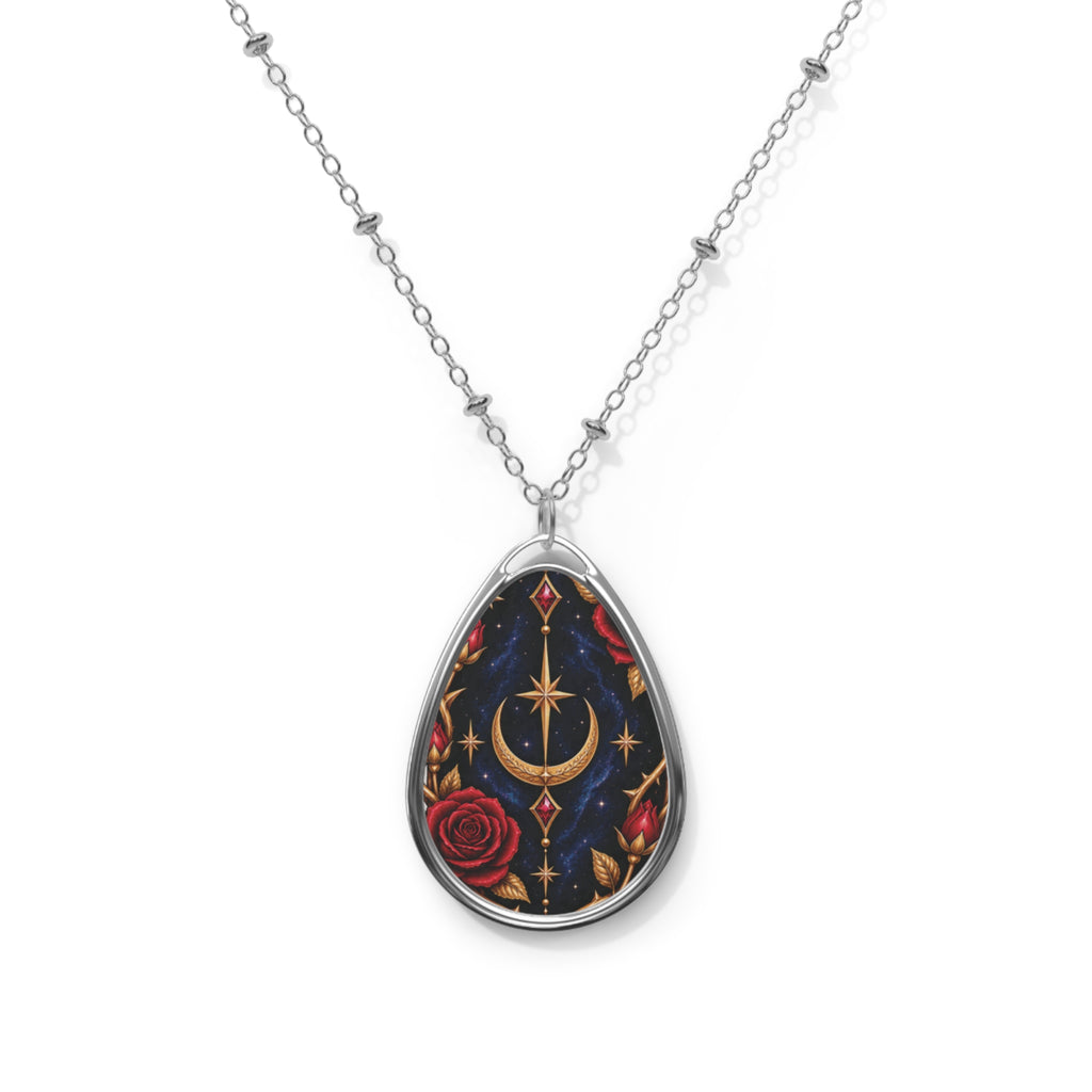 Moon & Rose Oval Necklace — Gothic Celestial Pendant