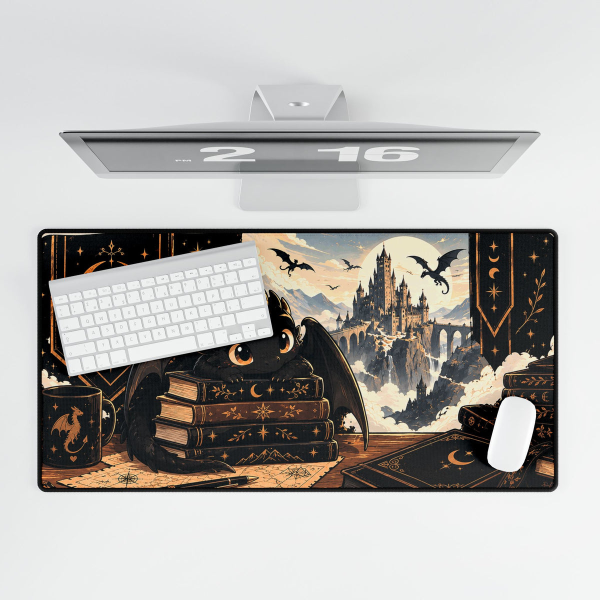 Magical Night Dragon Desk Mat — Cute Black Dragon with Spellbooks & Castle Desk Mat